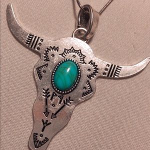 Bullhead Skull Turquoise Stamped Pendant